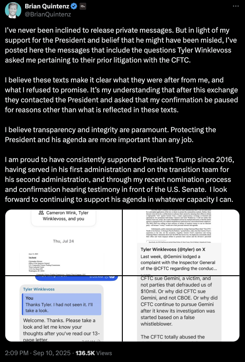 Prospective CFTC Chair Releases Private Texts With Winklevoss Twins