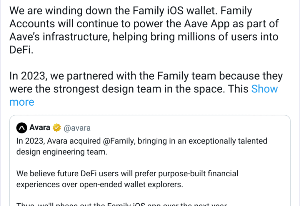 Aave Shutters Avara Brand and Family Crypto Wallet