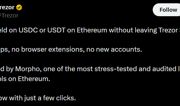 Trezor Launches USDC, USDT Yield in Trezor Suite Through Morpho