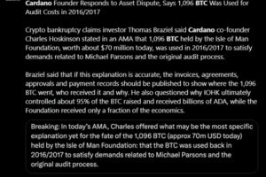 Cardano’s Hoskinson Says Disputed 1,096 Bitcoin Funded a 2016 Audit Amid  Million Mystery