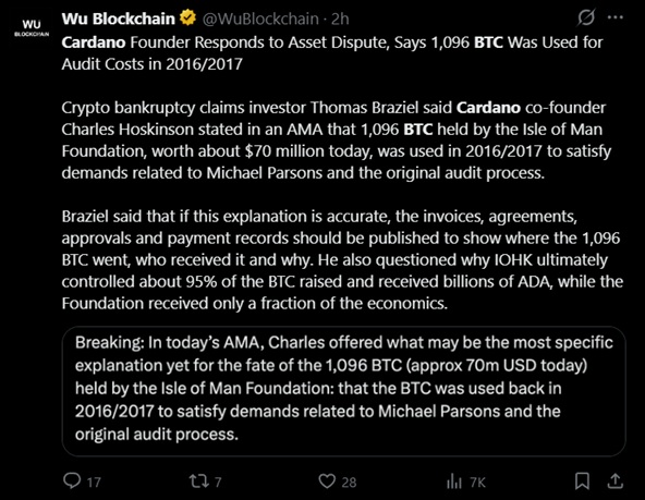 Cardano’s Hoskinson Says Disputed 1,096 Bitcoin Funded a 2016 Audit Amid  Million Mystery