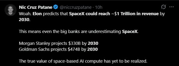 Musk Says SpaceX Could Hit  Trillion in Revenue by 2030 as Pompliano Pushes for Tesla Merger