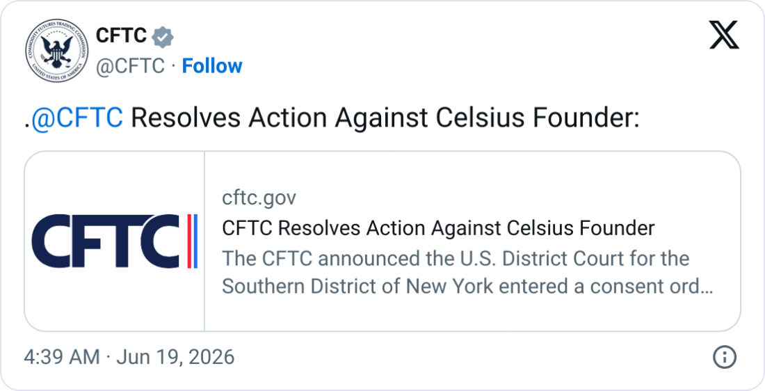 Mashinsky CFTC Ban, ETH Exits, BTC Treasury Funding Vote